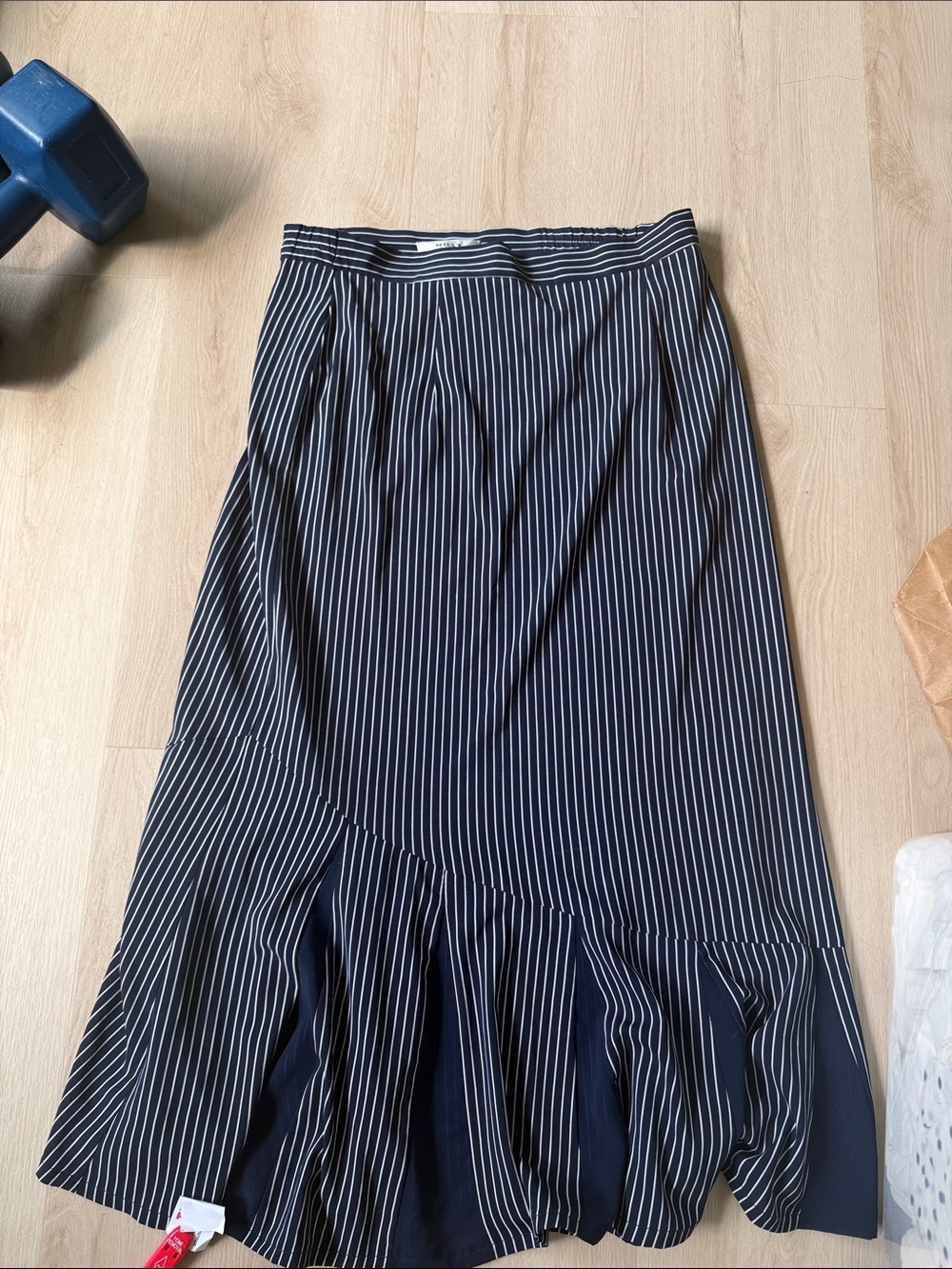 Milly Navy and White Pinstripe Midi Skirt with Ruffle Hem